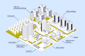 Modern City Infographics Isometric line infographics of modern city with skyscrapers transport roads forest park 3d vector illustration